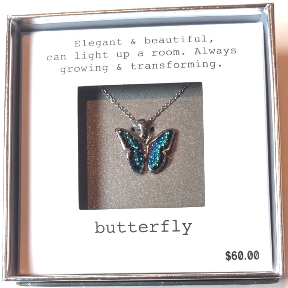 NEW IN BOX Blue and Green Butterfly Pendant Necklace